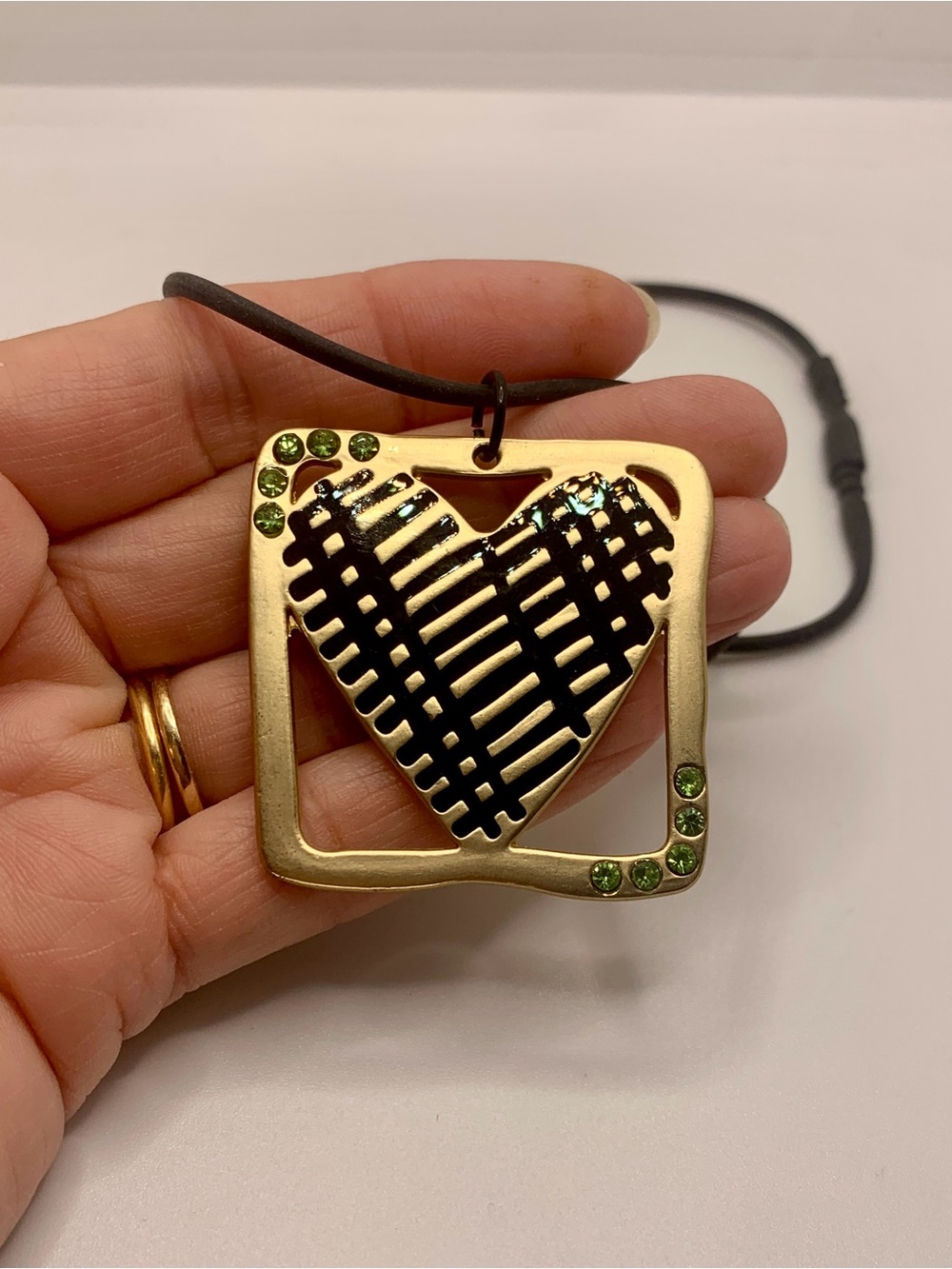 Gold-Tone Heart Pendant Necklace with Green Crystal Accents